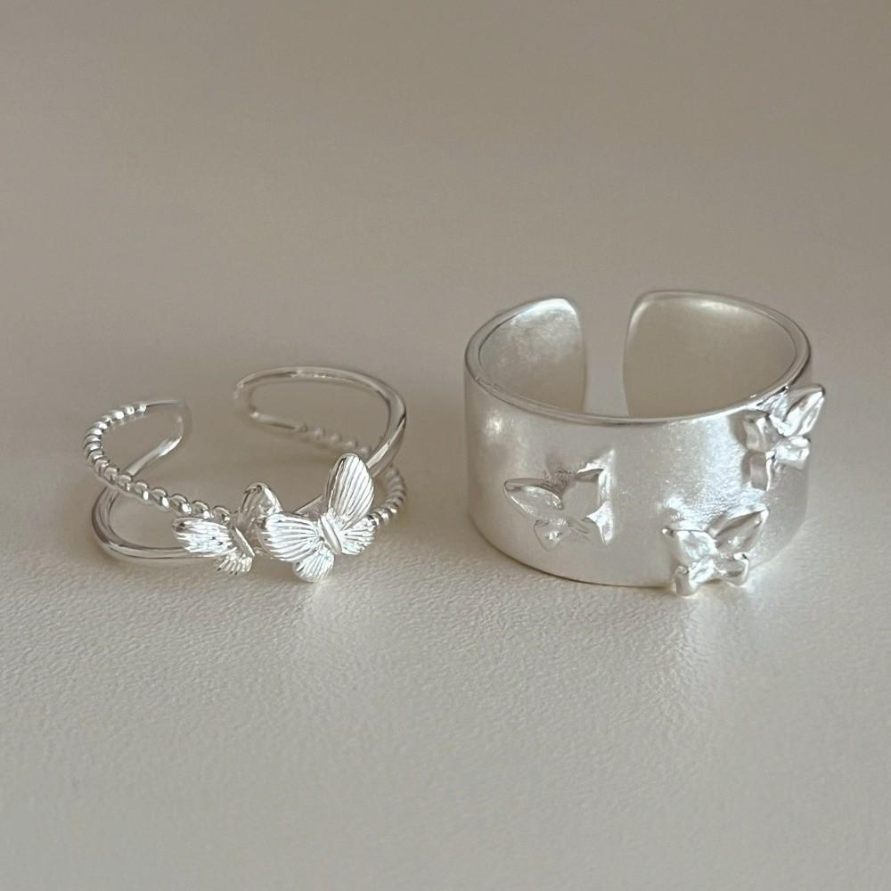 Simple Tibetan Silver Butterfly Ring Adjustable Finger Matte Light Geometric Ring 3D Opening Wide Ring Women