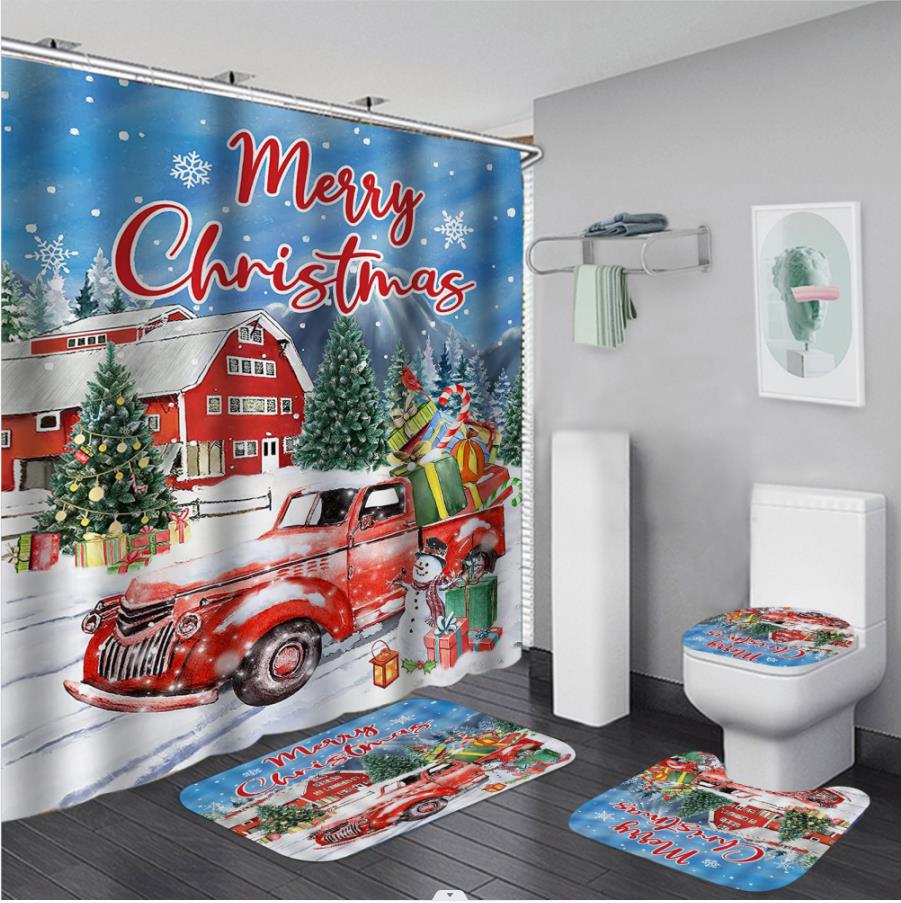 Christmas Bathroom Shower Curtain 4Pcs Set Snowman Santa Claus Pattern Waterproof Shower Curtain Toilet Cover Mat Non Slip Rug