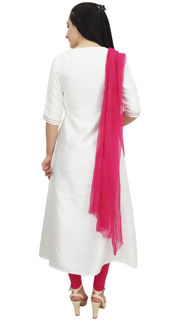 Atasi Ethnic White Zari Work Dupion A-Line Kurti Indian Women's Suit Clothing -