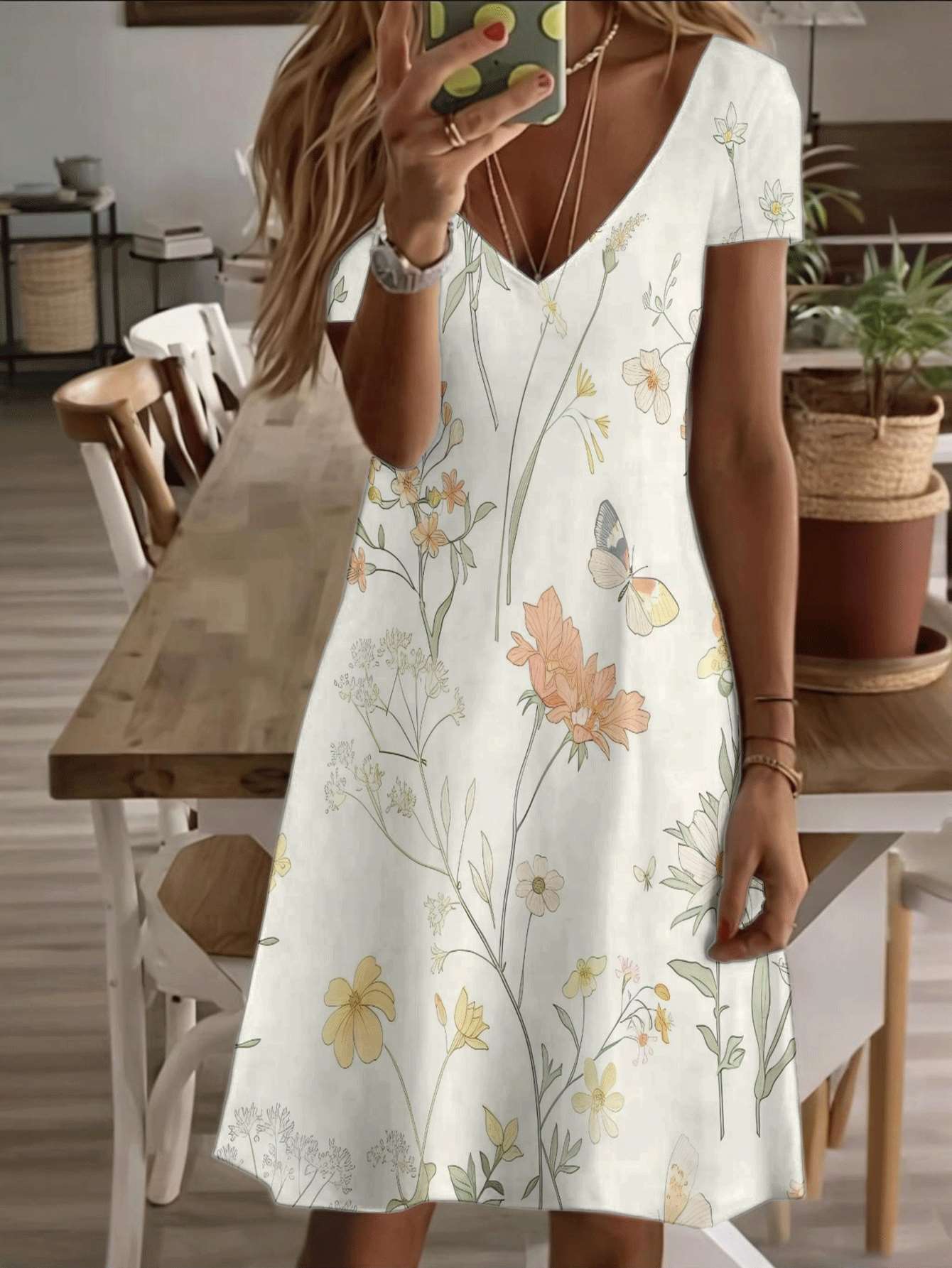 

Vneck shortsleeve midi dress floral butterfly print 3D premium printing durable casual fashion summer women dress elegant breathable lightweight boho L дубильная кора