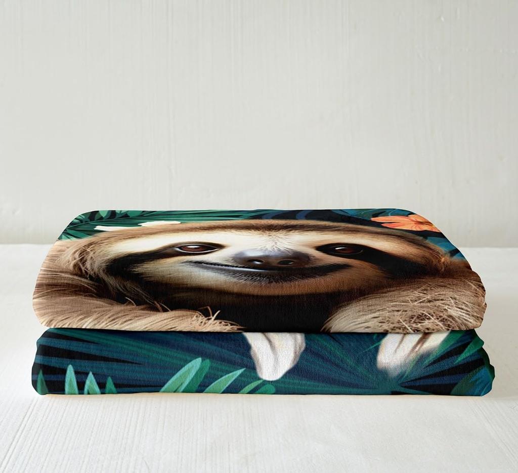 Cute Sloth Blanket Soft Fleece Throw Tropical Jungle Design Animal Lover Gift Home Decor Relaxing Theme