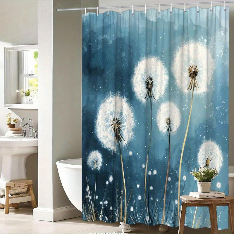 1pc Dandelions in Blue Breeze Shower Curtain - 5 Dandelions, Seed Dispersal, Abstract Blue Background, 70.8x70.8", 12 Hooks