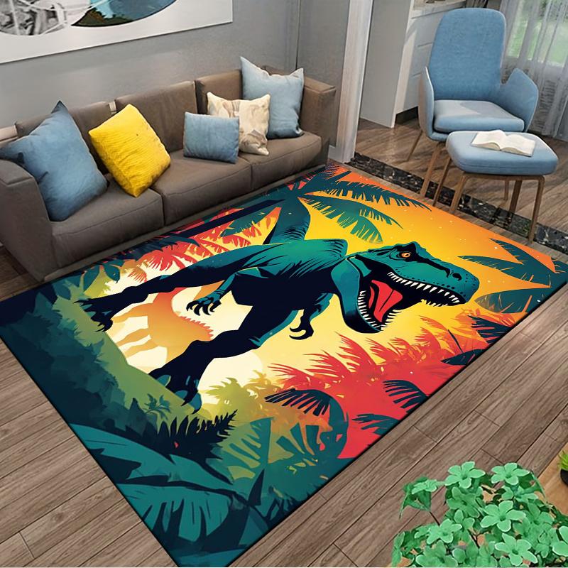 Dinosaur Jungle Rug with T-Rex Graphic and Tropical Sunset Design Suitable for use as an anti-slip for living room bedroom sofas