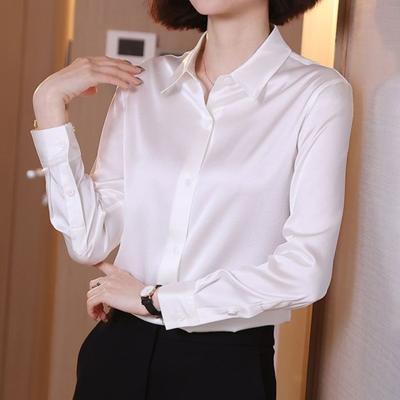 Camicetta in raso primavera autunno Camicia a maniche lunghe in seta imitazione per camicia da ufficio con bottoni bavero da donna Top bianco nero blu