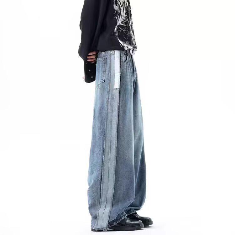 American retro splicing jeans men's and women's spring and autumn washed white narrow straight-leg pants loose and thin casual trousers