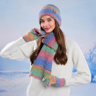 Conjunto de 3 Peças/Conjunto Chapéu de Inverno Feminino Cachecol Luvas Conjunto Forro de Veludo Espessado Chapéu de Tricô Cachecol Longo Luvas Touch Screen Conjunto Acessórios de Inverno