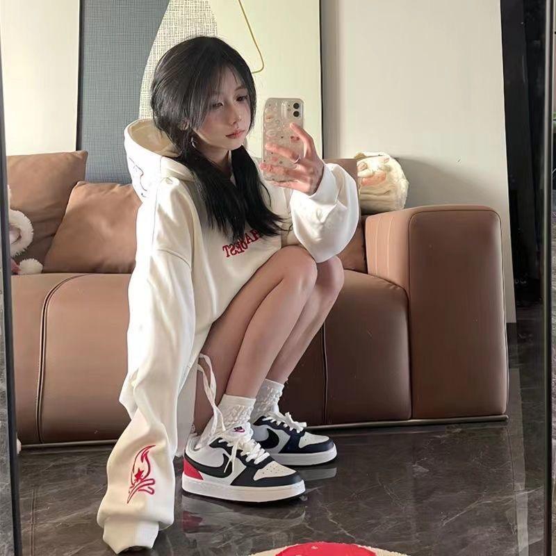 Cross-Border American Rapper Style 351-400g Flame Embroidery Men's Heavyweight Pure Cotton Hoodie