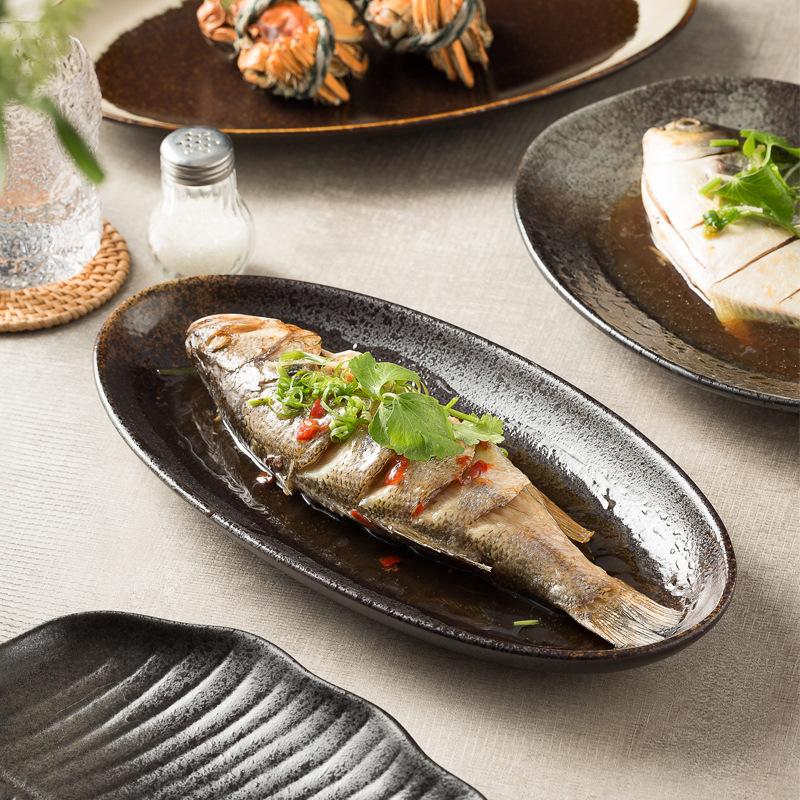 Large Ceramic Fish Plate Oval Plate Household Fish-Shaped Plate Kiln-Changed Steamed Fish Plate Restaurant Restaurant Plate Tableware