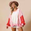Women's Fleece Oversized Color Block Striped Sweatshirt Fall Vintage Warm Pacthwork Pullover with Pockets