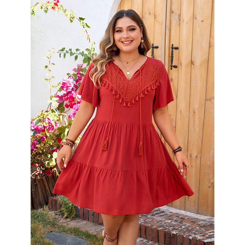 

European and American New Products V-neck Short sleeve Slim fit Big Hemline Patchwork Cake Ethnic Style Leisure Dress Red 1XL