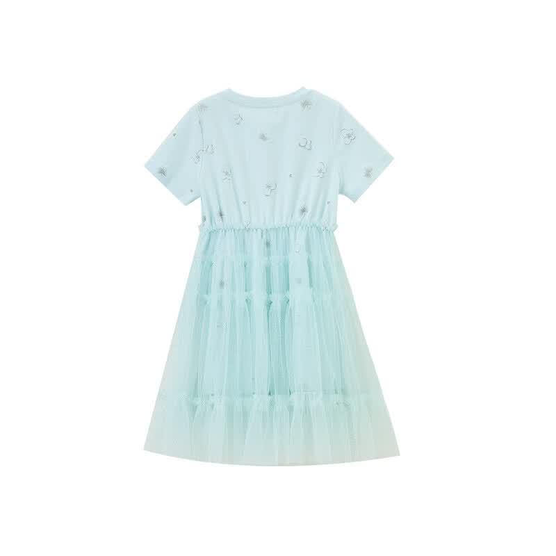 ASK JUNIOR Girls' Short-Sleeve Mesh Patchwork Princess Dress
