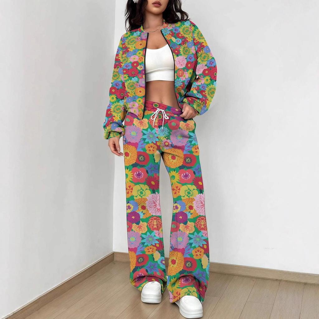 Casual Fashion Autumn and Winter New European and American Women's Clothing Color Flower Printing Suit Women