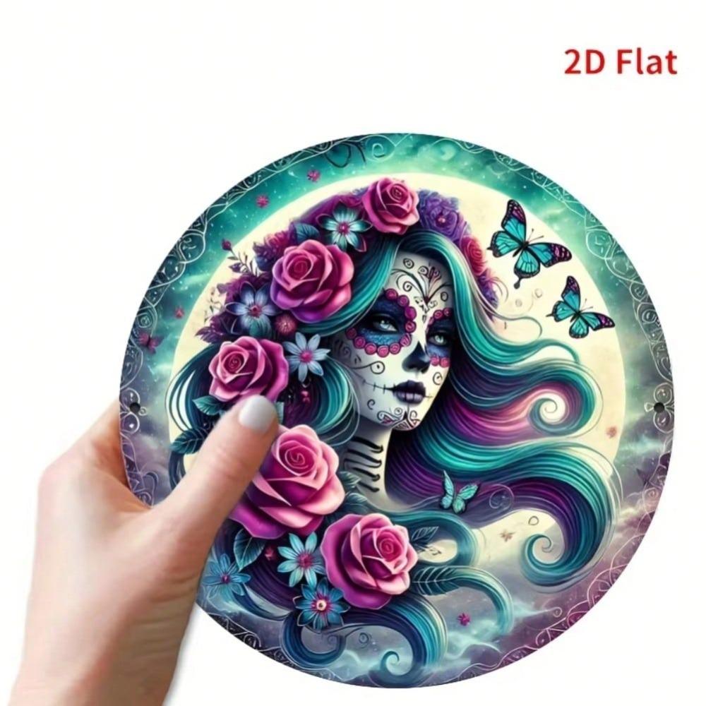 8x8 Inch 2D Flat Sugar Skull Skeleton Wreath Floral Dia De Los Muertos Wall Hanging Outdoor Decor