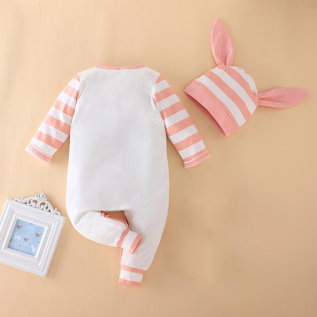 Newborn Infant Baby Easter Patchwork Striped Bunny Print Romper Jumpsuit Set