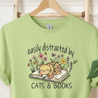 Easily Distracted by Cats and Books Shirt, Cat Book Sweatshirt for Women, Book Lover Gift for Readers, Spicy Bookish Merch, Cottagecore Tee