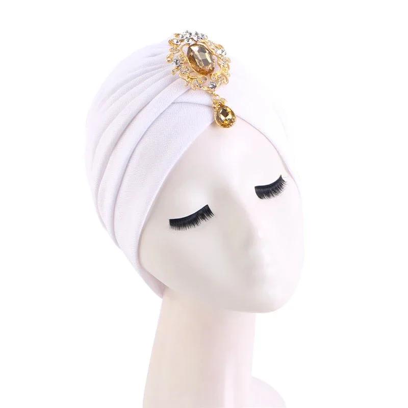 Indian Women Chemo Cap Muslim Diamonds Hijab Pleated Turban Wrap Headscarf Beanies Hair Loss Bonnet Hat Femme Turbante Mujer New