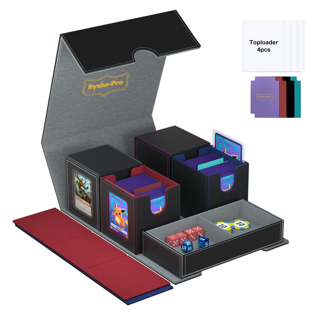 5 in 1 Trading Card Storage Deck Box for MTG TCG PKM 4 Deck Cases with Covers and Divided Dice Tray with Dividers and Toploaders