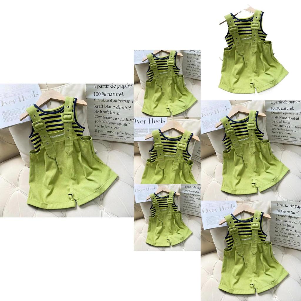 Stylish Summer Girls Two Piece Outfit Set With Trendy Sleeveless Top And Striped Adjustable Suspenders