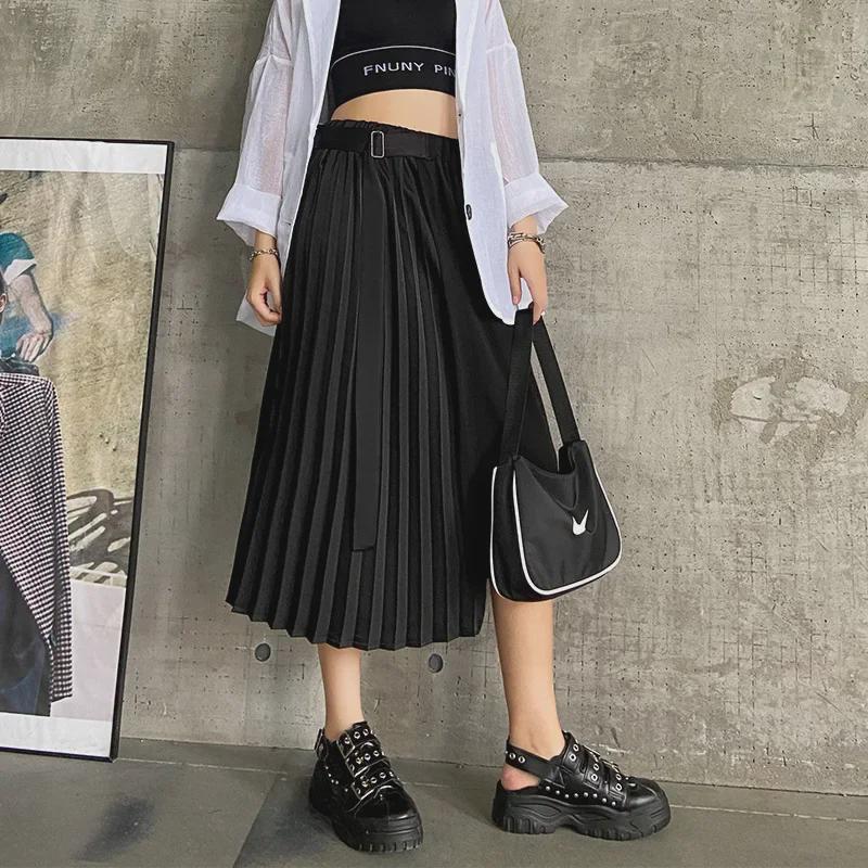 Women's Japanese Dark Style Two-Piece Set: Irregular Short Sleeve Top & Pleated Midi Skirt.