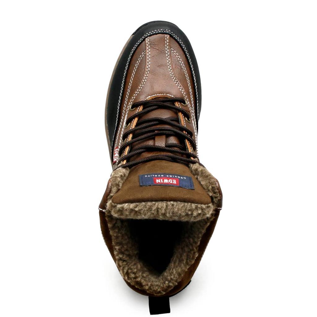 EDWIN Men’s Waterproof Winter Boots EDS9120s – Insulated Faux Leather Snow Trekking Boots with Anti-Slip Sole (Brown, 25.0 cm)