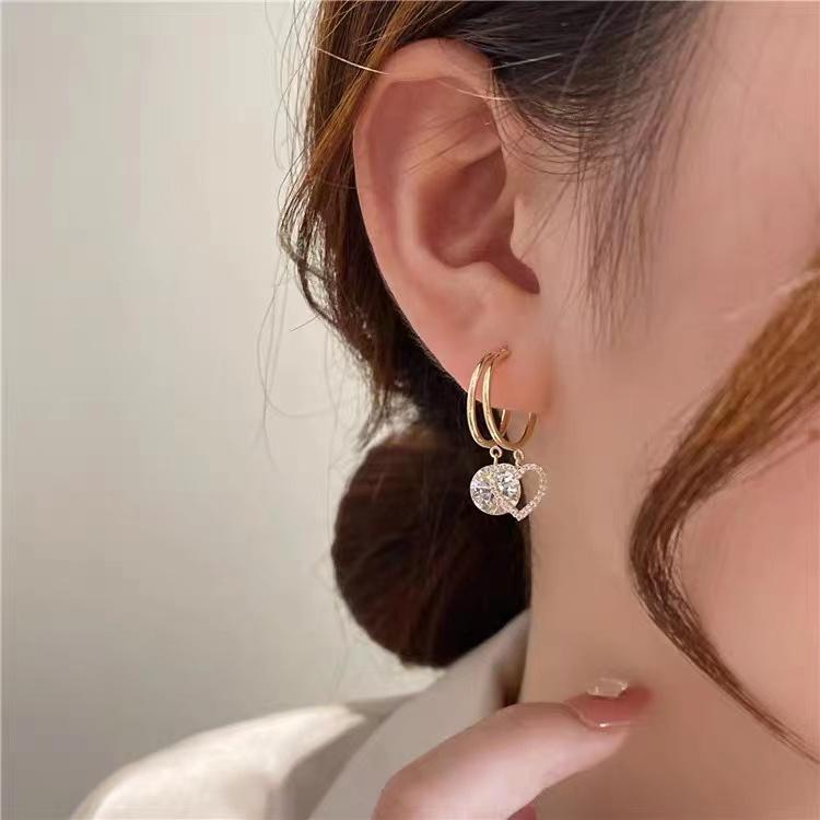 New Fashion Trend 925 Silver Needle Sweet Romantic Zircon Double Circle Love Stud Earrings Women's Jewelry Party Gift