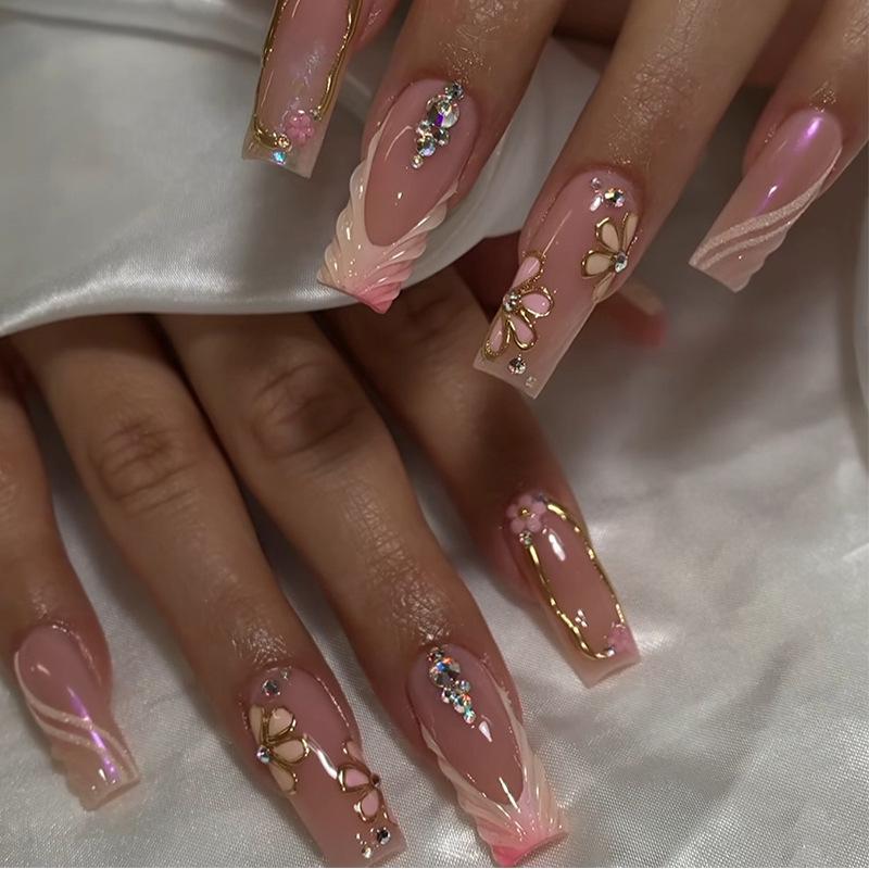 24-Piece French Manicure Set: 3D Gilded Floral Rhinestone Nails