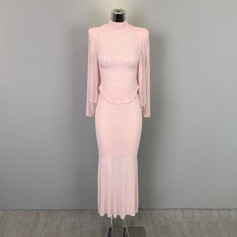 Korean Dongdaemun Three-Piece Set: High Neck T-shirt, Cardigan, and Fishtail Skirt for Women