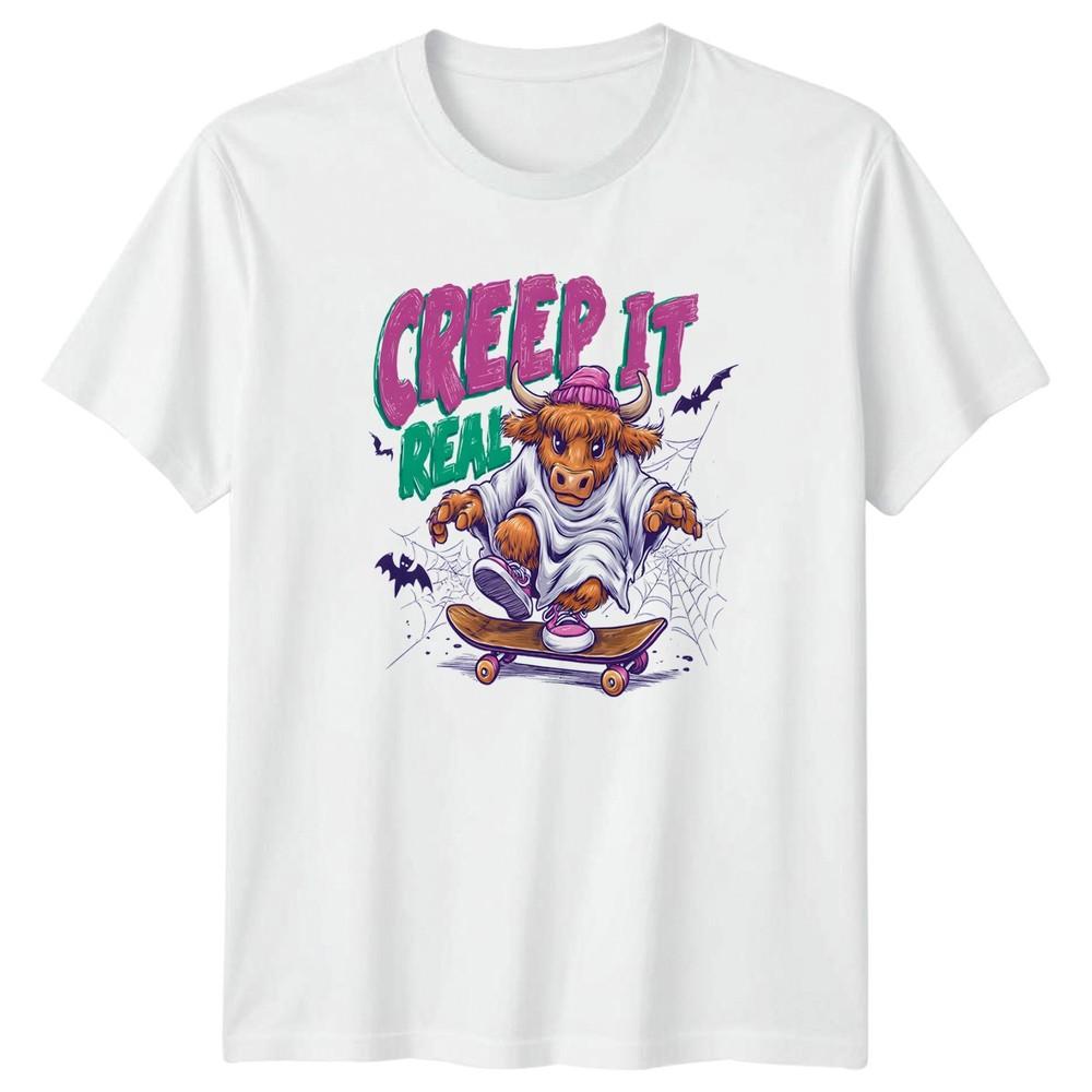 Creep It Real TShirt Highland Cow Skateboarder Halloween Gift For Him And Her S