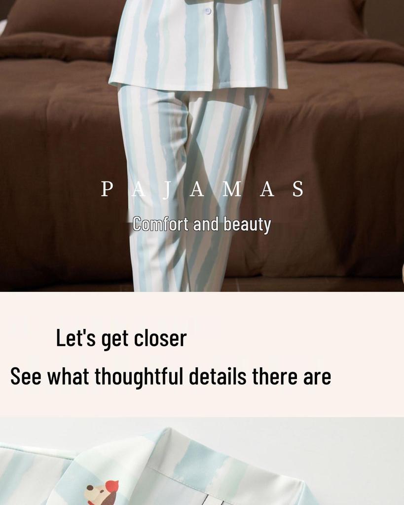 Ice Silk Cool Women’s Long Sleeve Pajama Set with Cute Stripes for Spring and Autumn