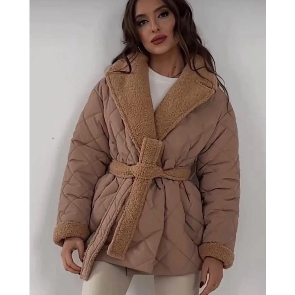 Unifarbener Schnür-Baumwollmantel Damenmode Revers Langarm Tasche Warm Locker Kurze Jacke Dame Winter Pendeln Straße Oberbekleidung