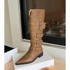 Fashion New Belt Buckle Combination Black Brown Western Cowboy Boots Women's Pointed Zipper 3.5cm Thick High Heels Knee High Boots 34-42
