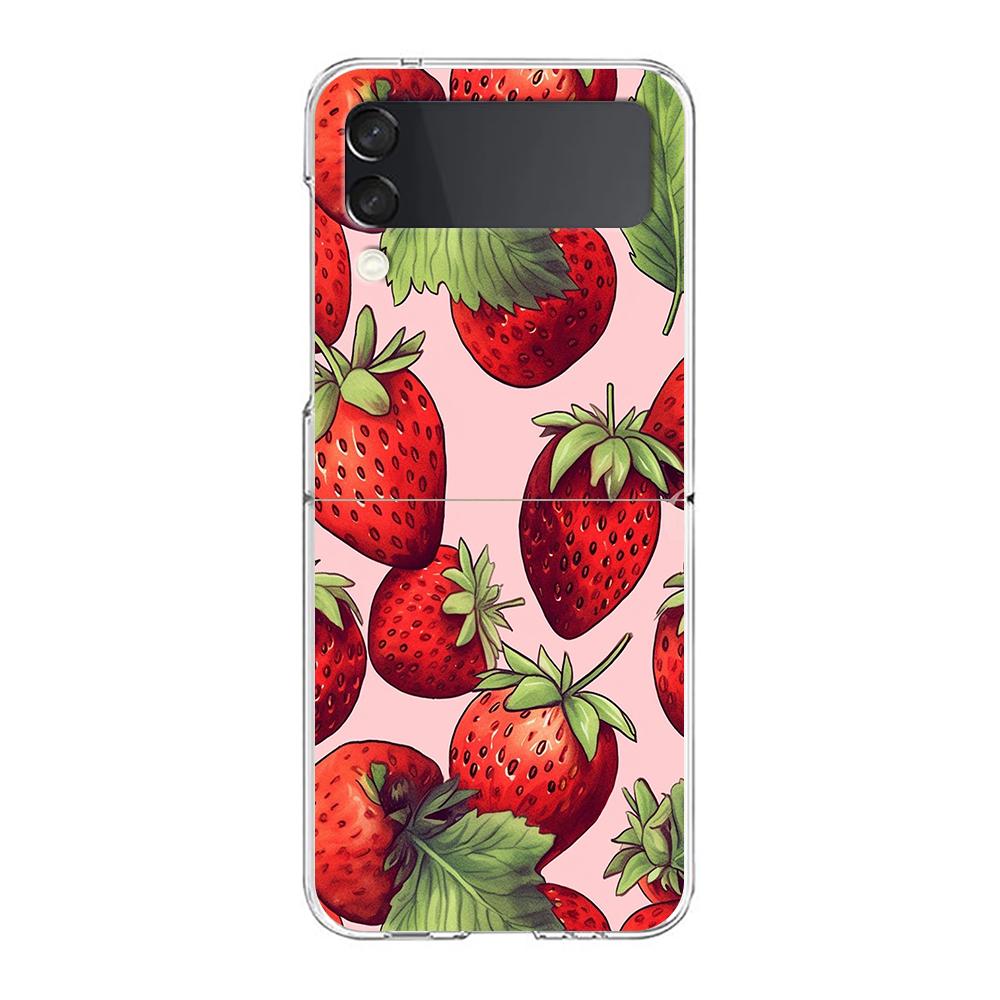 Transparent Phone Case For Samsung Galaxy Z Flip 3 4 5 6 7 Hard Folding PC Z Flip3 Flip4 Cover Summer Strawberry Flowers Print