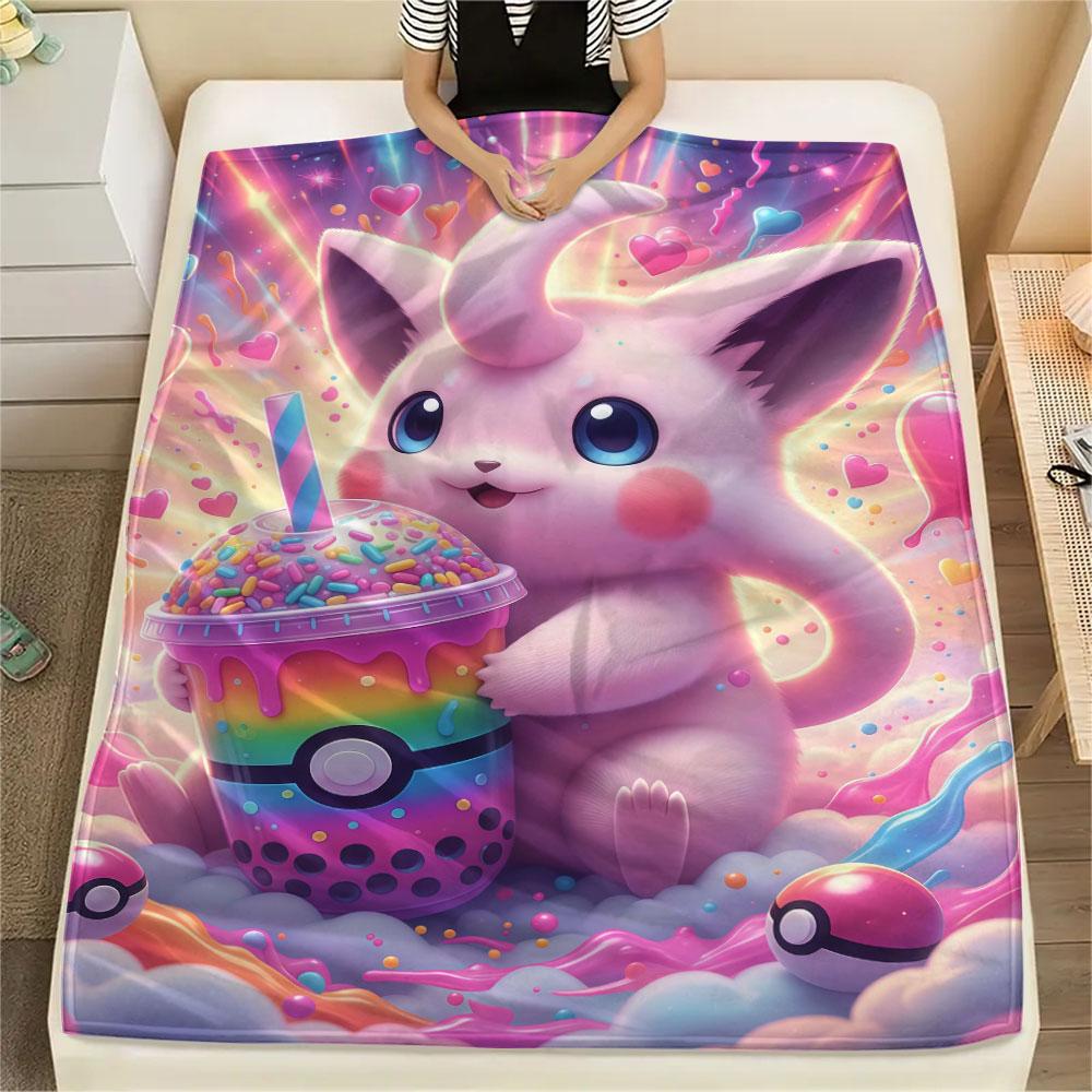 1Pc Pokemon drinks Print Flannel Blanket, High quality Comfortable for All Seasons, Home Decor, Warmth and Comfort, Perfect for Christmas Gifts