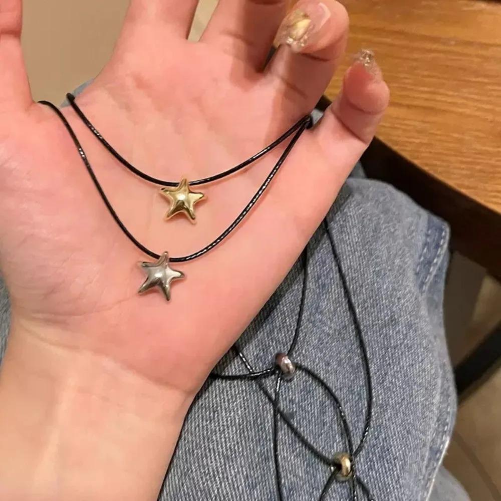 Y2K Star Minimalist Black Rope Unique Necklace Small Five Pointed Star Pendant Adjustable Necklace Collarbone Chain for Women