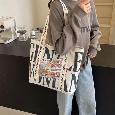 2025 Fashionable Personalized Canvas Shoulder Bag Trendy Large Capacity Ins Letter Cartoon Bag Female Popular Versatile Messenger Bag