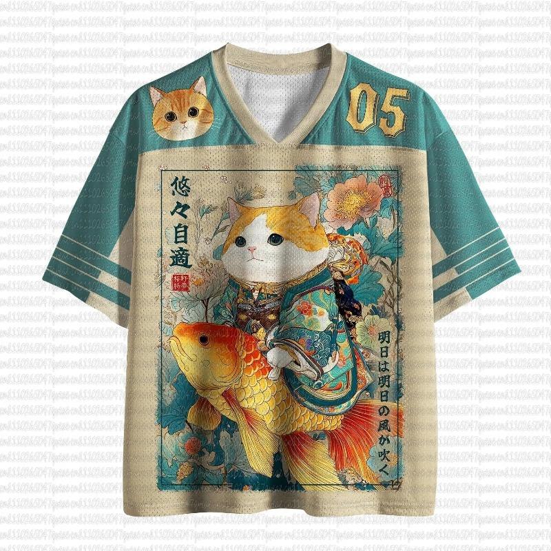 2026 Lucky Cat Koi Fish 3D V-neck T-shirt with Retro Japanese Aesthetics, Oversized  Women's Jerseys, Streetwear Tops