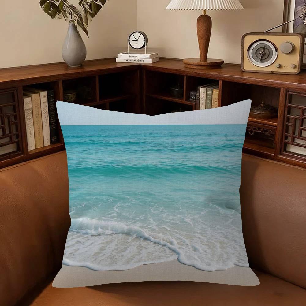 Serene Seaside Scenes Pillow Covers Cartoon Sofa Decorative Home Double-sided Printing Short Plush Cute Cushion Cover