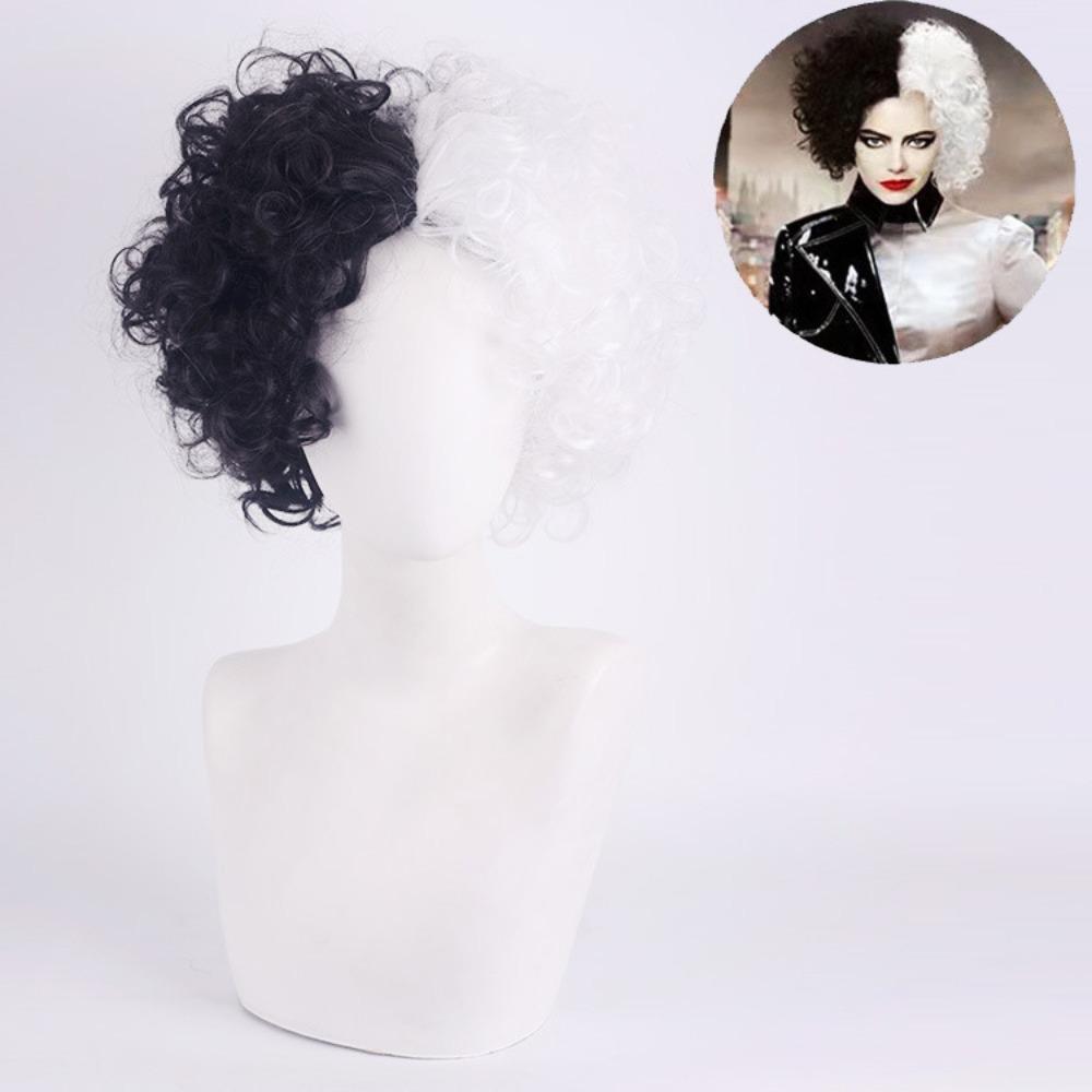 Cosplay Halloween Feest Pruiken CRUELLA Deville De Vil Zwart Wit Met Pony Kort Bob Kapsel voor Vrouwen Hittebestendige Synthetische Pruik black