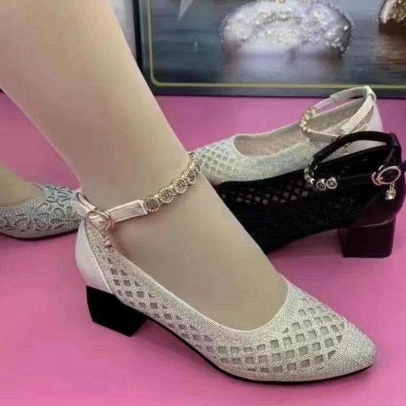 Women's Ankle Strap Heeled Shoes  Summer Retro Bling Breathable Single Shoes for Women Dress Office Shallow Ladies Pumps