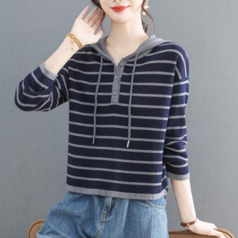 Women S Loose Fit Hooded Striped Pullover Knit Sweater Casual Top