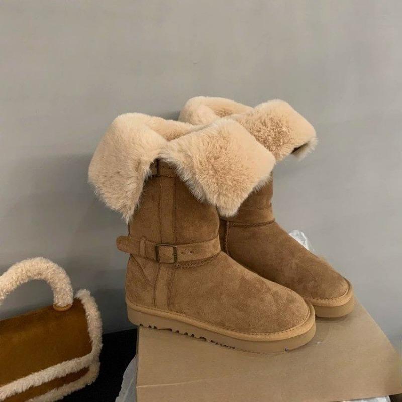 New Winter Flat Snow Boots Women's Round Head Suede Belt Buckle Thick Sole Anti-slip Wear-resistant High Boots