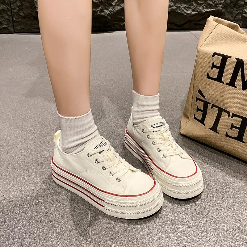 Classic White Canvas Shoes Women's Solid Lace-up Casual Thick-sole Shoes Platform Sneakers Fashionable Round-toe Walking Shoes