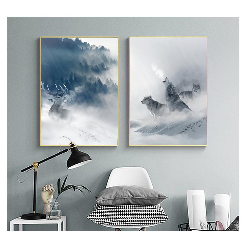 Canvas Painting Forest Snow Mountain Modular Pictures for Living Room Home Cuadros Decoartion Nordic Animal Poster Wolf Elk