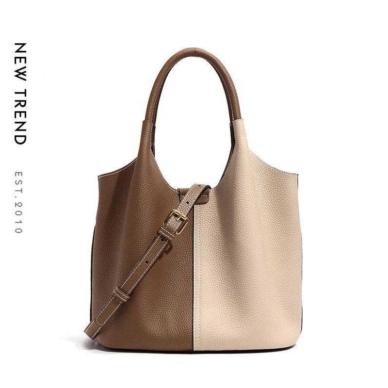 Tote bag, leather bag, women's wide shoulder strap, new contrasting color shoulder bag, women's bag, women's bag, bags wholesale, underarm bag