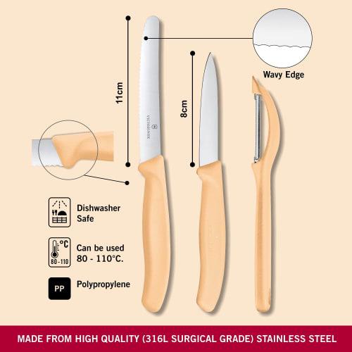 VICTORINOX Knife Peeler Set, Petty Knife and Vertical Peeler Set of 3, Set of 3, Vertical Light Orange, Colored Tool Set To Color Your Kitchen, Dishwa