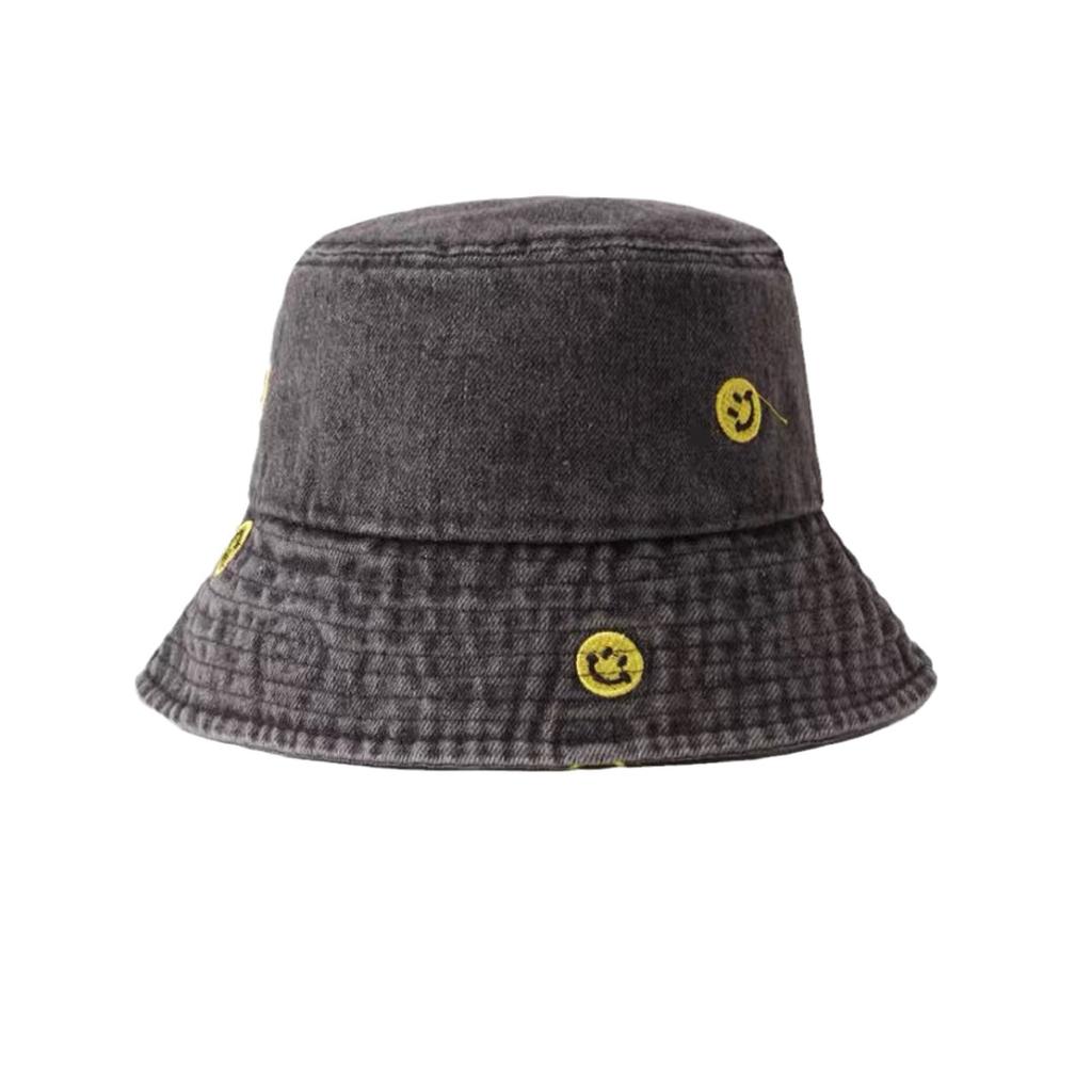 Japanese Simple Smiley Face Embroidered Denim Fisherman Hat Girl Harajuku Vintage Pot Hat Korean Version Spring and Summer Sun Protection Sun Hat Man