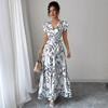 Women Print V Neck Butterfly Sleeve High Waist Lace-up Pleated Dress Elegant Fashion Holiday Beach Party Long Vestidos