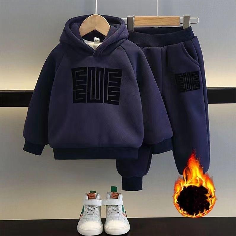 

Детские осенне-зимние утепленные утолщенные костюмы для мальчиков, теплый повседневный свитер + спортивные брюки, удобный комплект из двух предметов 130