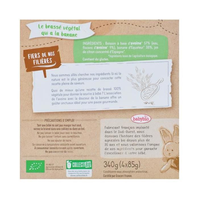 Babybio - Gourde Brassé Avoine Banane - Bio - 4x85g - Dès 6 Mois