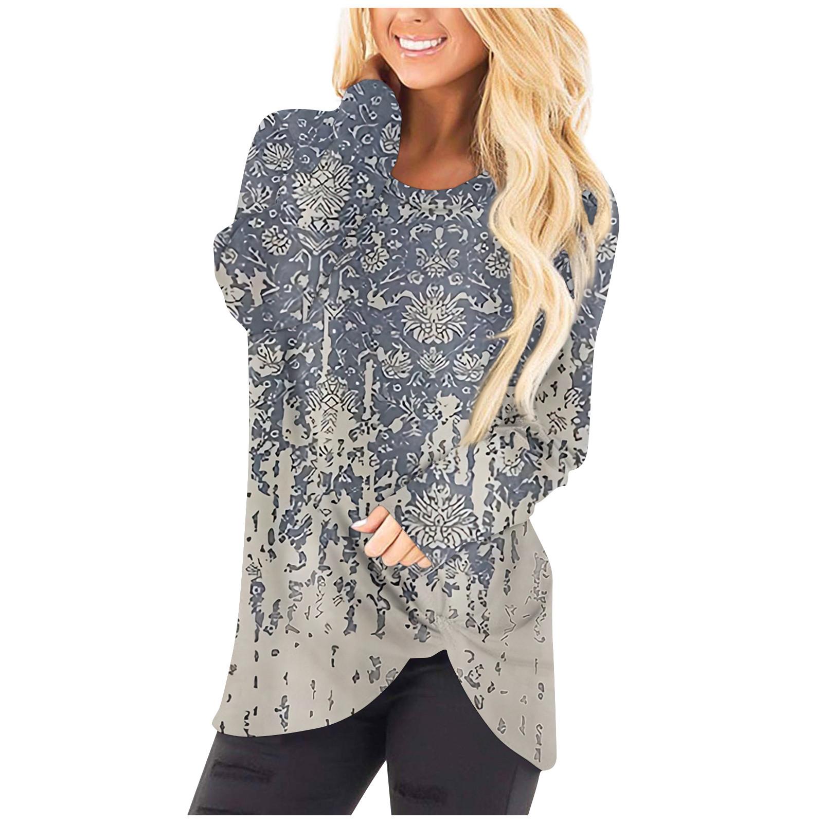 

Женская модная повседневная футболка с длинным рукавом и круглым вырезом с принтом, топ L тёмно-синий